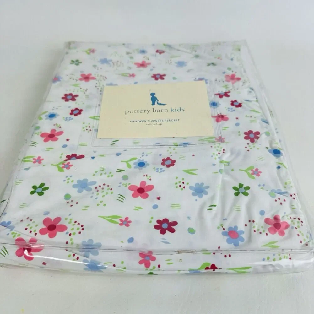 Pottery Barn Kids Meadow Flowers Percale Bed Skirt White Floral Baby Nursery New